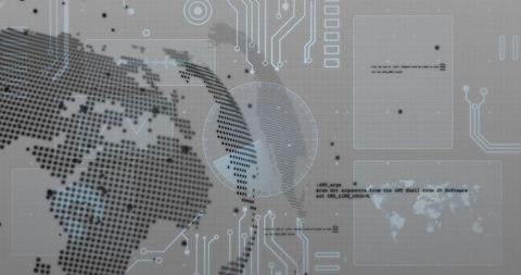 Futuristic dotted globe HUD reticle and circuit traces for geospatial data visualization