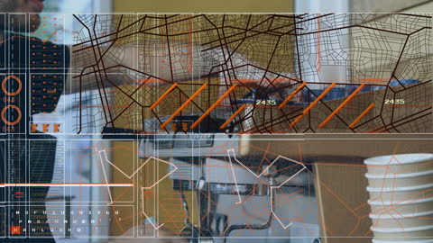 Futuristic Data Interface in Modern Cafe Environment