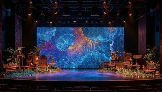 Opulent theater stage showcasing giant led cosmic backdrop and vintage furnishings