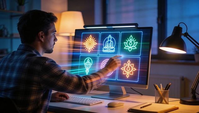 Designer interacting with neon spiritual icons on touchscreen desktop in night workspace