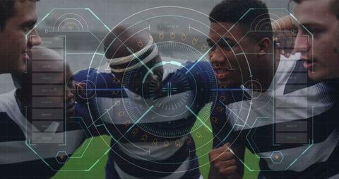 Rugby Players in Huddle with Digital Interface Overlay