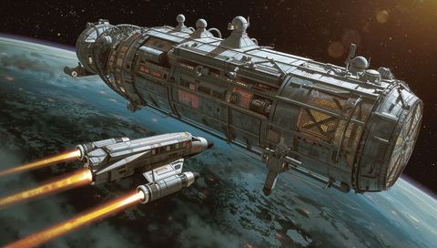 Futuristic Cylindrical Spacecraft Cruising Low Orbit With Shuttle Thruster Trails