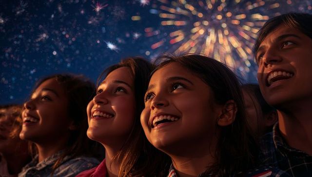 Hispanic teenagers watching colorful fireworks at night celebrating with joyful smiles