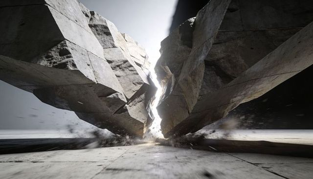 Massive rock monolith splitting open revealing glowing rift, explosive debris backlit plaza