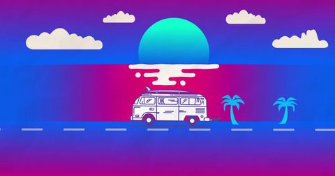 this vibrant digital illustration features a retro van traveling on a minimalist road amidst a striking sunrise. palm trees and fluffy clouds provide a warm, beachy vibe, perfect for conveying feelings of travel and adventure. ideal for use in creative advertising about vacations, road trips, or retro-inspired events.