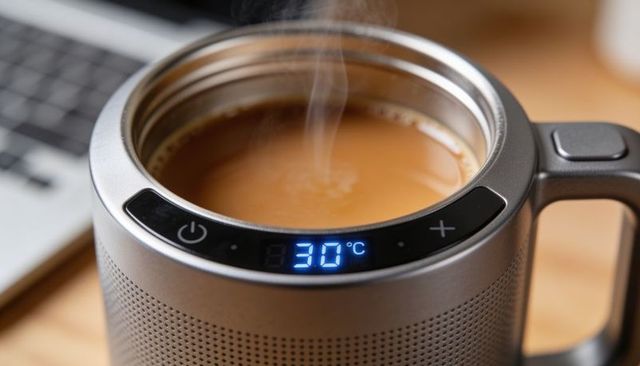 Steaming smart mug with digital 30°c display and touchscreen controls on desk near laptop