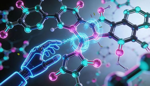 Cybernetic Hand Manipulating Molecular Bond in Neon Holographic Chemistry Interface