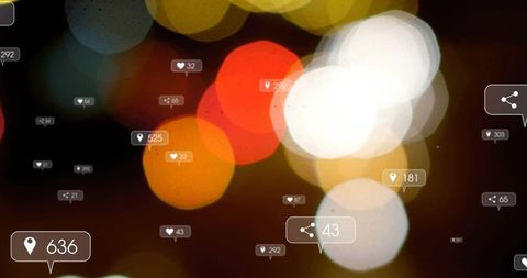 Glowing urban bokeh with social media location pins hearts share icons interface badges
