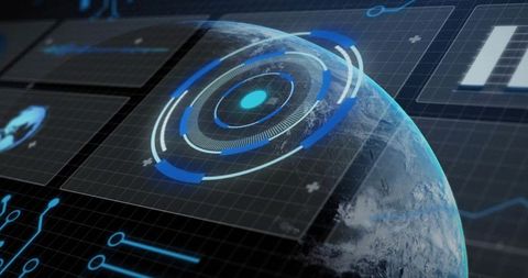 Rotating Earth HUD with holographic telemetry, neon grid interface, digital control rings