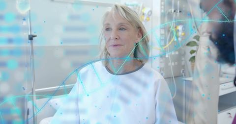 Elderly Woman Examined by Doctor with DNA Overlay in Hospital