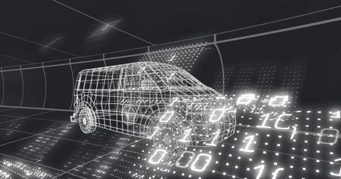 Holographic Wireframe Van Hovering in Futuristic Virtual Tunnel with Binary Overlay