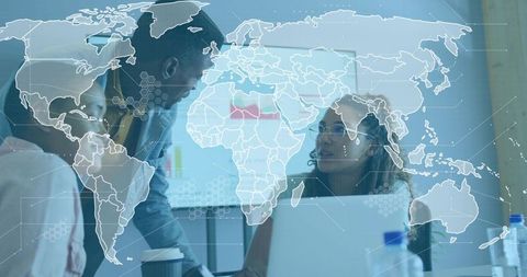 Business Team Analyzing Global Strategy with Technology Overlay