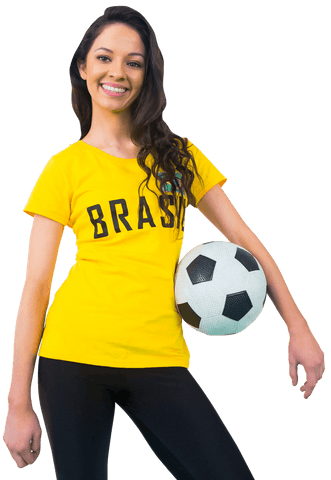 Enthusiastic brazilian soccer fan holding ball on transparent background