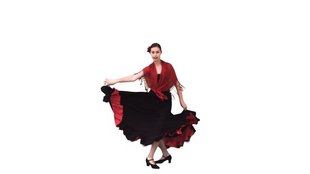 Elegant depiction of a woman performing flamenco dance with grace. Her red and black dress swirls as she moves, embodying the movement and passion of traditional Spanish dance. Ideal for use in cultural, dance, or performing arts projects, Spanish-themed events, or articles highlighting traditional dance forms.