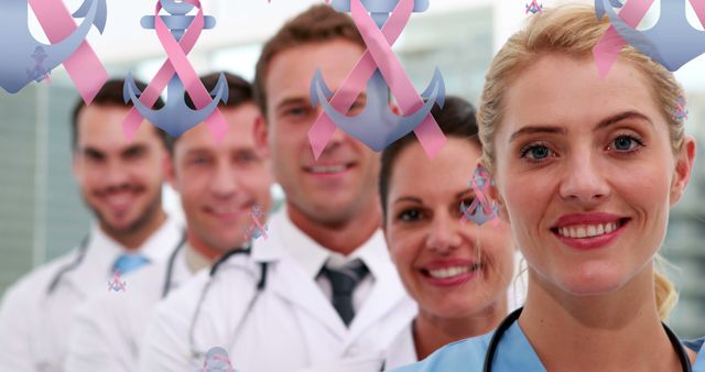 Group of healthcare workers, including doctors and nurses, smiling and showing support for breast cancer awareness. Pink ribbons floating in the foreground symbolize breast cancer prevention and support. Suitable for campaigns, healthcare promotions, medical facilities, and awareness programs.