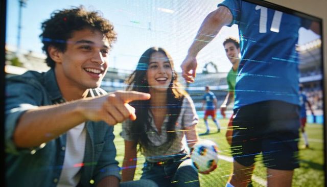 Smiling teens pointing and cheering during live soccer match on stadium pitch