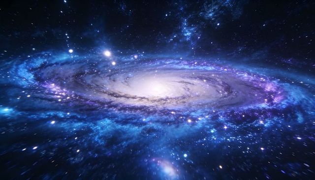 Spiral galaxy glowing with luminous core and swirling blue nebulae