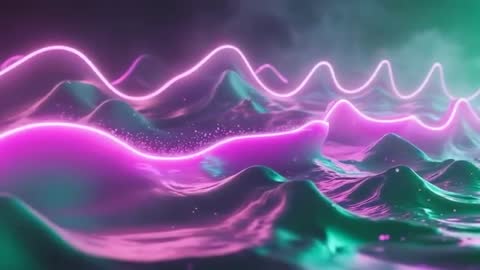Neon Wave Over Teal Terrains with Particle Motion in Digital Art