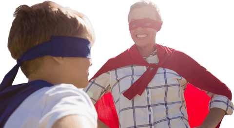 Happy mother and son dressing as superheroes on transparent background