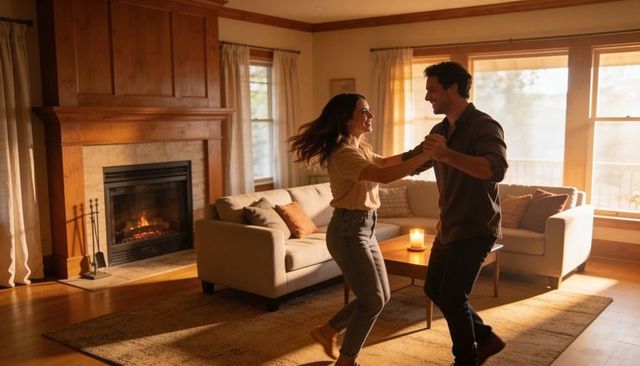 Couple dancing in cozy living room by lit fireplace and candlelight, warm sunlit romance