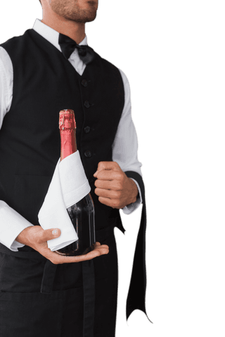 Transparent waiter serving champagne with napkin wrap