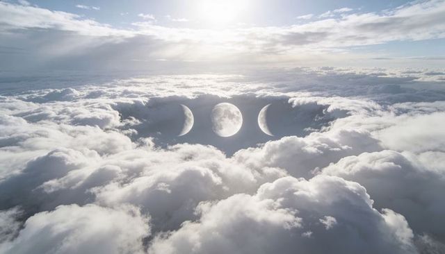 Triple Moon Phases Hovering Above Sunlit Cloudscape, Ethereal Celestial Surreal Background