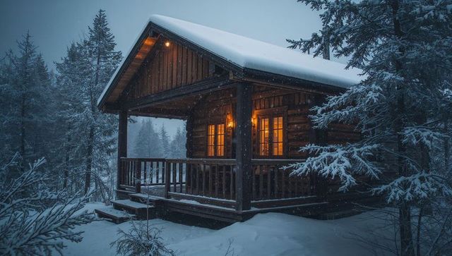 Glowing log cabin in snowy forest at dusk with warm window light and covered porch
