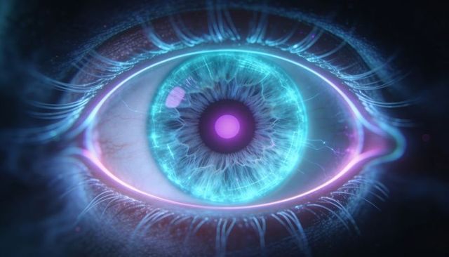Neon cyber eye with glowing cyan iris and purple core for futuristic ai vision branding