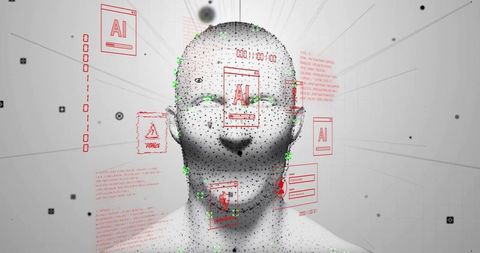 Monochrome 3d facial scan with ai interface overlay and biometric node visualization
