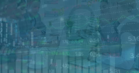 Business Team Analyzing Performance Metrics with Overlayed Financial Charts