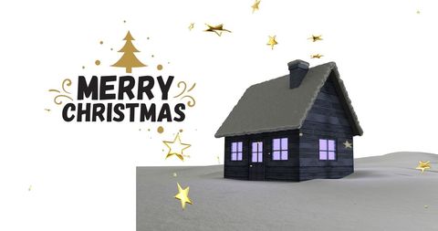 Merry Christmas Greeting with Snowy House and Stars