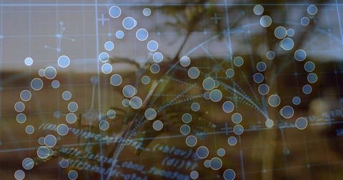 Futuristic DNA Helix Overlay with Palm Background Showing Genomics Data Visualization
