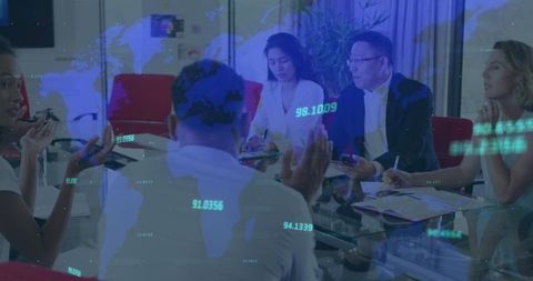 Global Business Meeting with Digital World Map Overlay