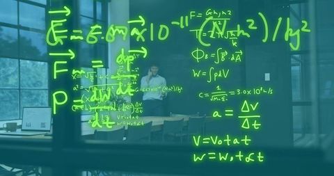 Businessman presenting neon equations on glass in modern boardroom