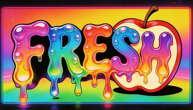 Neon dripping fresh rainbow lettering with glossy apple, colorful liquid typography poster