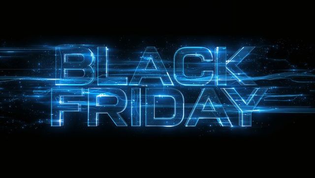 Glowing blue black friday text streaking futuristic holographic circuitry banner