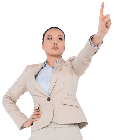 Confident Businesswoman Pointing with Purpose on Transparent Background