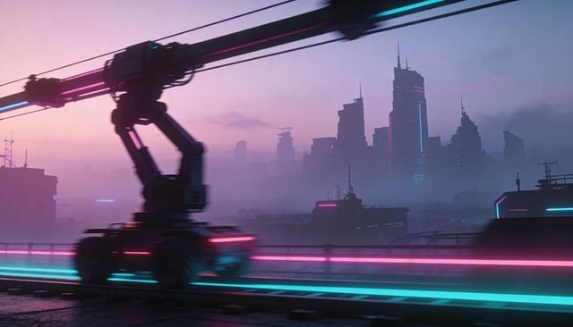 Racing robotic crane sliding along elevated neon rails at twilight in cyberpunk cityscape