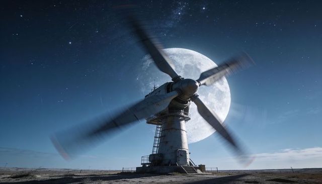 Spinning rotor tower backlit by oversized full moon over desolate night plain