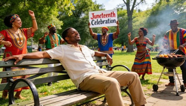 Relaxed man reclining on park bench at juneteenth celebration with vibrant patterned clothing