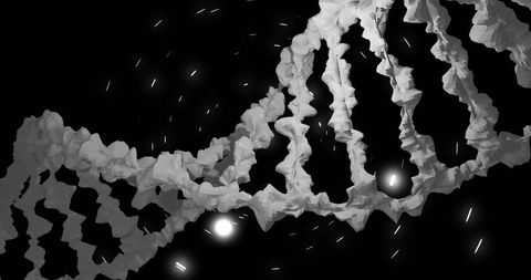 Crystalline helical ribbon releasing glowing orbs and particle streaks in monochrome void