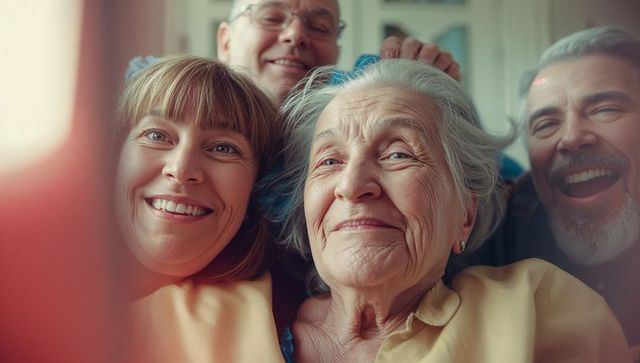 Multigenerational Family Smiling for Smartphone Selfie in Cozy Living Room