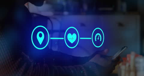 Young Man Browsing Technology in Blue Flowchart Overlay