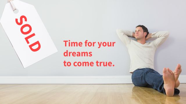 Man sitting against wall symbolizing successful home purchase and dreams coming true. Perfect for real estate promotions, inspirational or motivational contexts related to achieving goals and home ownership storytelling.