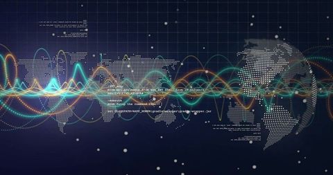 Futuristic Digital World Map with Data Waves and Code Patterns