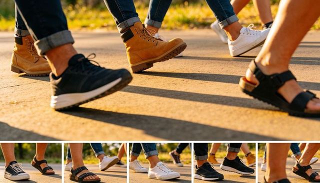Walking group lower legs and footwear on sunlit sidewalk with rolled denim cuffs boots sneakers