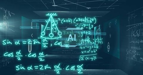 Holographic equations floating around ai console in neon futuristic corridor