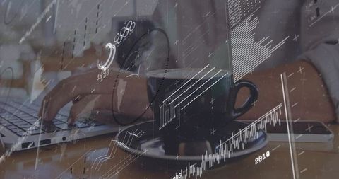 Remote work productivity with laptop and coffee cup showing financial charts and analytics