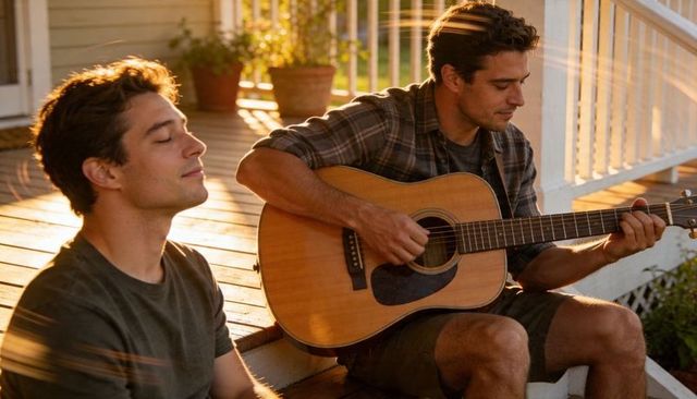 Sunlit acoustic guitar duo on porch steps playing during golden hour friend listening