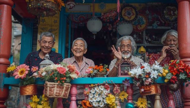 Senior Men Crafting Arrangements, Vibrant Cultural Market Booth